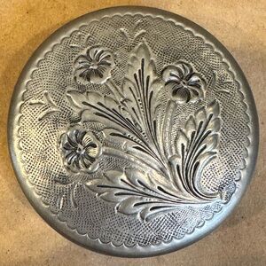 Vintage J Dores Pewter Floral Design Decorative Round Lidded Box. 1” by 3.25”